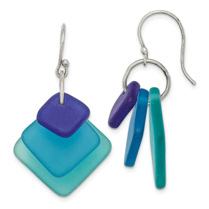925 Sterling Silver Blue Gradient Sea Glass Dangle Earrings,