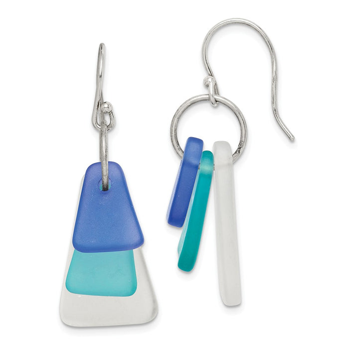 925 Sterling Silver Blue Gradient Sea Glass Dangle Earrings,