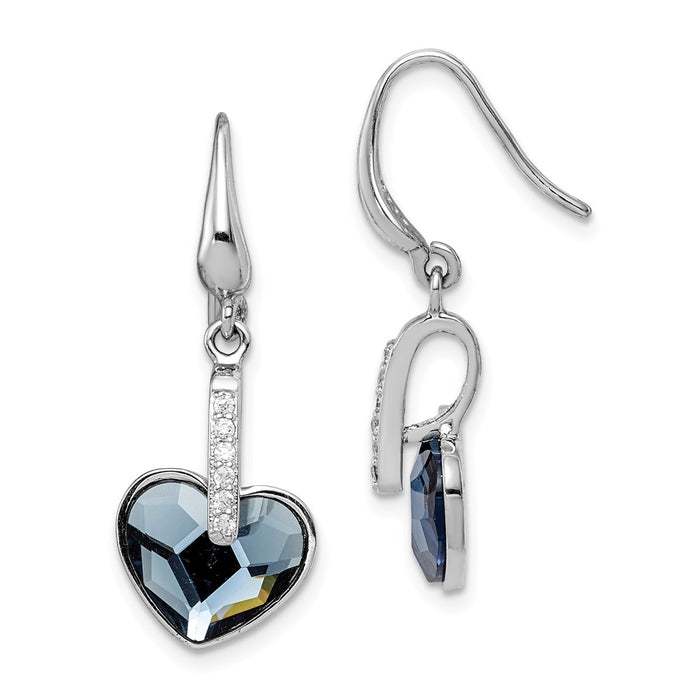 925 Sterling Silver Rhodium-plated Clear & Blue Crystal Heart Dangle Earrings,