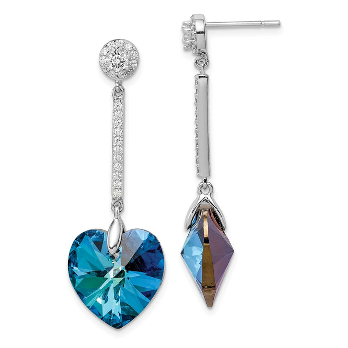 925 Sterling Silver Rhodium-plated Clear & Blue Crystal Heart Dangle Post Earrings,