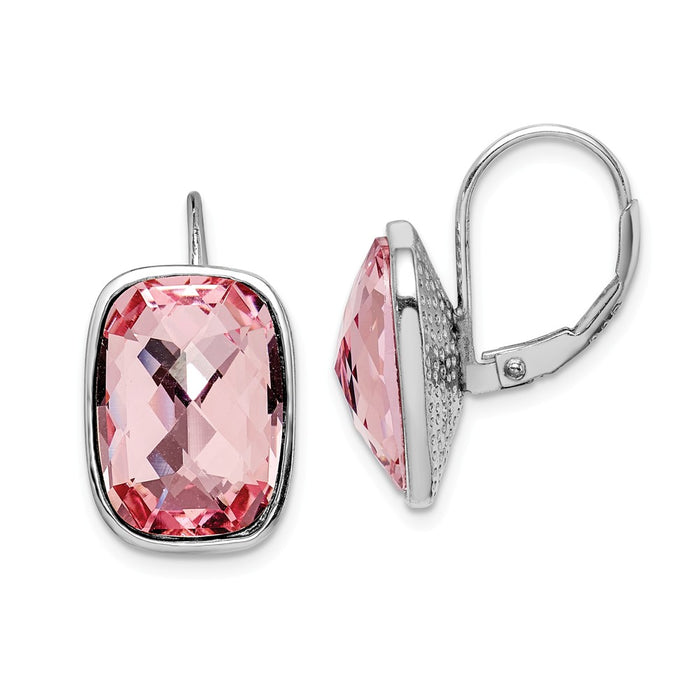 925 Sterling Silver Rhodium-plated Pink Crystal Leverback Earrings,