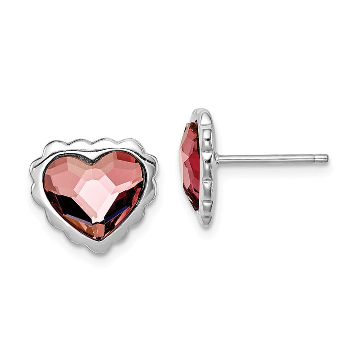 925 Sterling Silver Rhodium-plated Pink Crystal Heart Post Earrings,