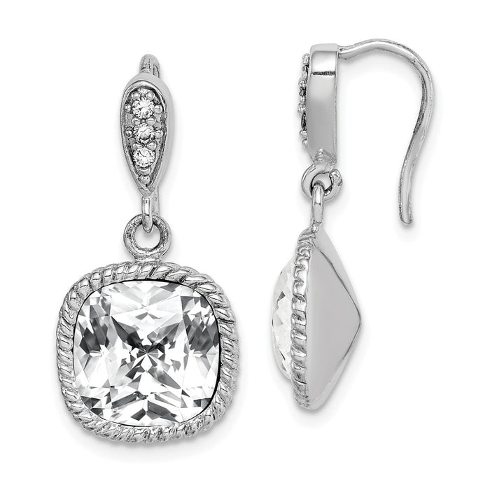 925 Sterling Silver Rhodium-plated Clear Cushion Crystal Dangle Earrings,