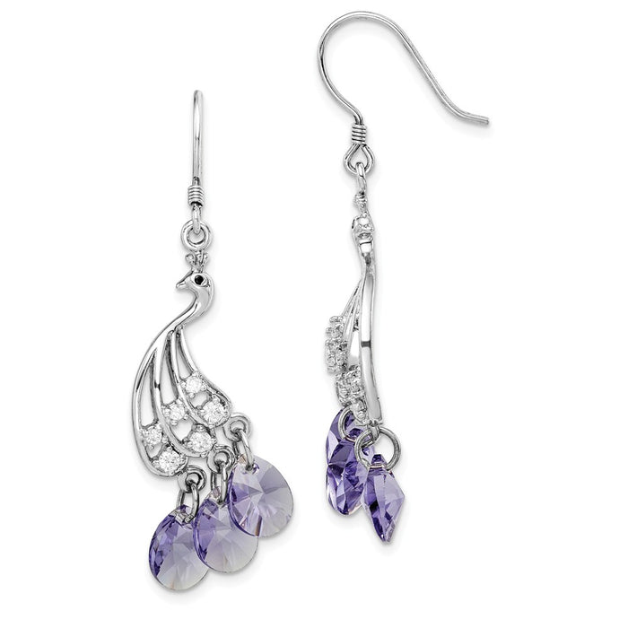 925 Sterling Silver Rhodium-plated Clear & Purple Crystal Peacock Earrings,