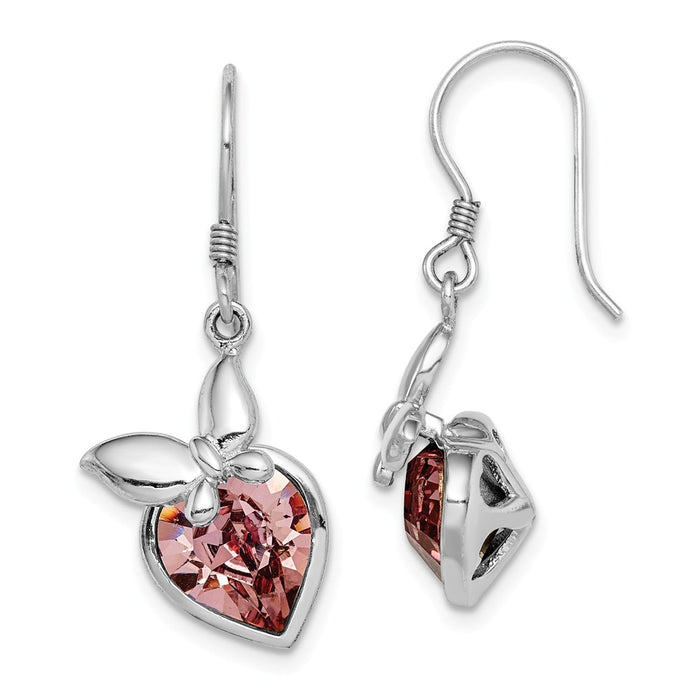 925 Sterling Silver Rhodium-plated Pink Crystal Butterfly Heart Dangle Earrings,