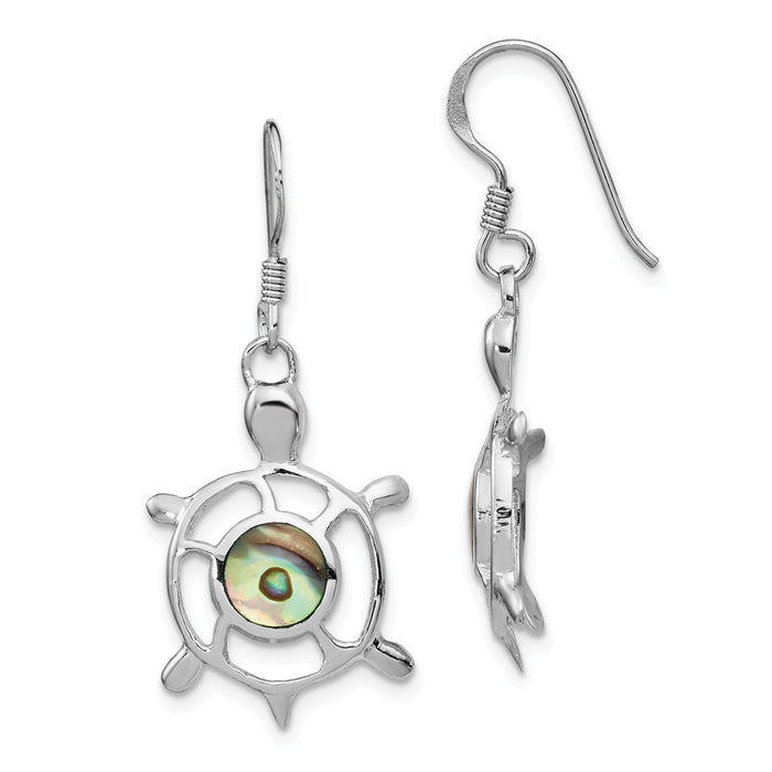 925 Sterling Silver Rhodium-plated Abalone Turtle Dangle Earrings,