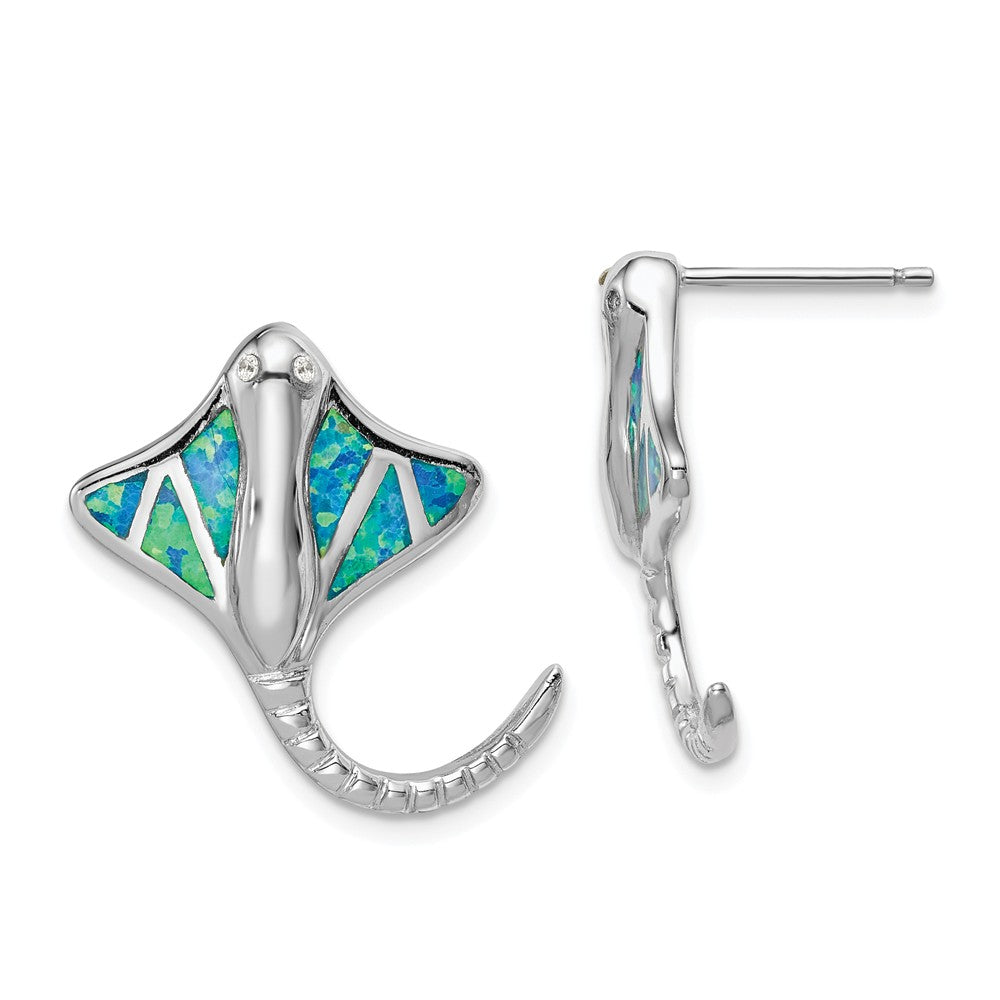 925 Sterling Silver Rhodium-plated Created Blue Opal Stingray Post Earrings,