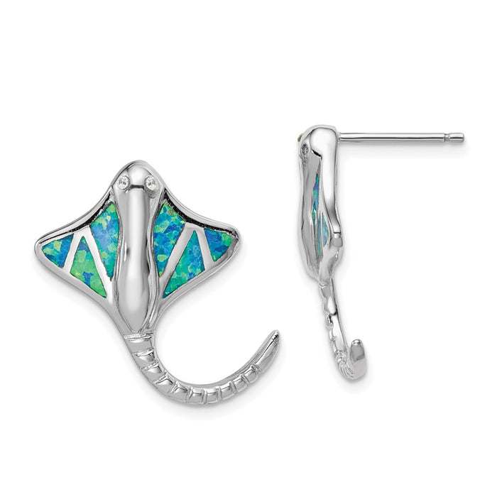 925 Sterling Silver Rhodium-plated Created Blue Opal Stingray Post Earrings,