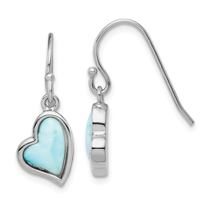925 Sterling Silver Rhodium-plated Light Blue Larimar Heart Dangle Earrings,