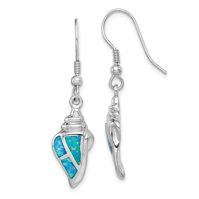 925 Sterling Silver Rhodium-plated Created Blue Opal Seashell Dangle Earrings,