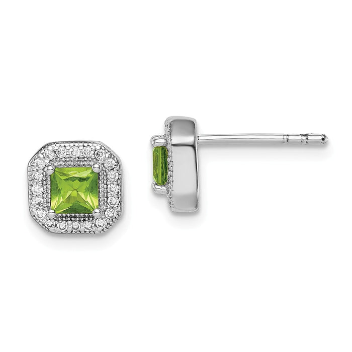 925 Sterling Silver Rhodium-Plated Green & Clear Cubic Zirconia ( CZ ) Post Earrings, 8.17mm x 8.17mm