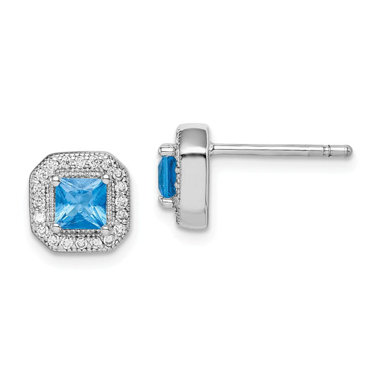 925 Sterling Silver Rhodium-Plated Blue & Clear Cubic Zirconia ( CZ ) Post Earrings, 8.17mm x 8.17mm