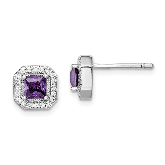 925 Sterling Silver Rhodium-Plated Purple & Clear Cubic Zirconia ( CZ ) Post Earrings, 8.17mm x 8.17mm