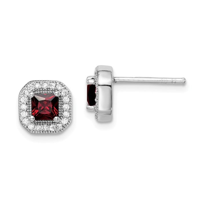 925 Sterling Silver Rhodium-Plated Red & Clear Cubic Zirconia ( CZ ) Post Earrings, 8.17mm x 8.17mm