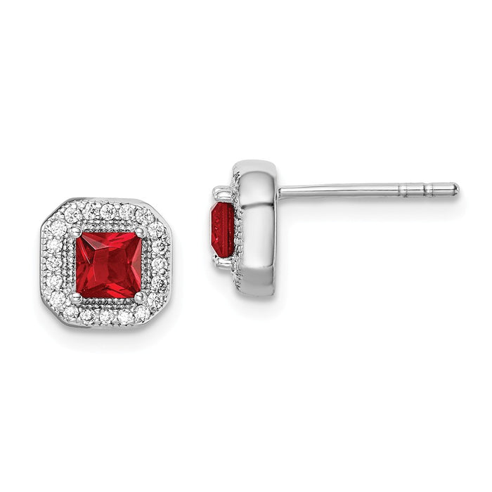925 Sterling Silver Rhodium-Plated Red & Clear Cubic Zirconia ( CZ ) Post Earrings, 8.17mm x 8.17mm