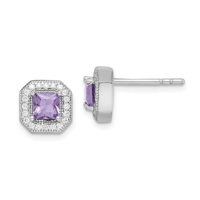 925 Sterling Silver Rhodium-Plated Purple & Clear Cubic Zirconia ( CZ ) Post Earrings, 8.17mm x 8.17mm