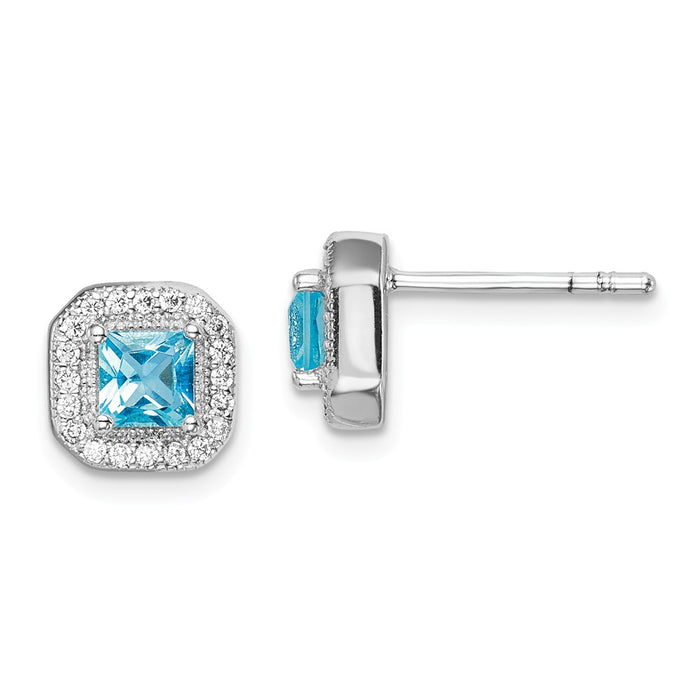 925 Sterling Silver Rhodium-Plated Light Blue & Clear Cubic Zirconia ( CZ ) Post Earrings, 8.17mm x 8.17mm