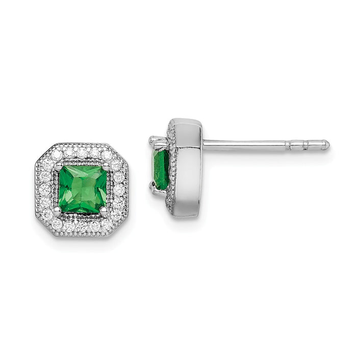 925 Sterling Silver Rhodium-Plated Green & Clear Cubic Zirconia ( CZ ) Post Earrings, 8.17mm x 8.17mm