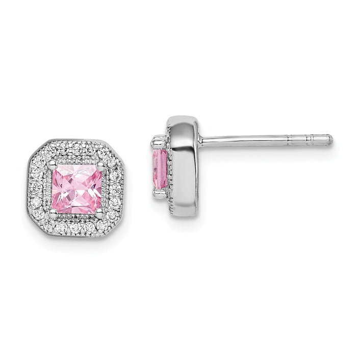 925 Sterling Silver Rhodium-Plated Pink & Clear Cubic Zirconia ( CZ ) Post Earrings, 8.17mm x 8.17mm