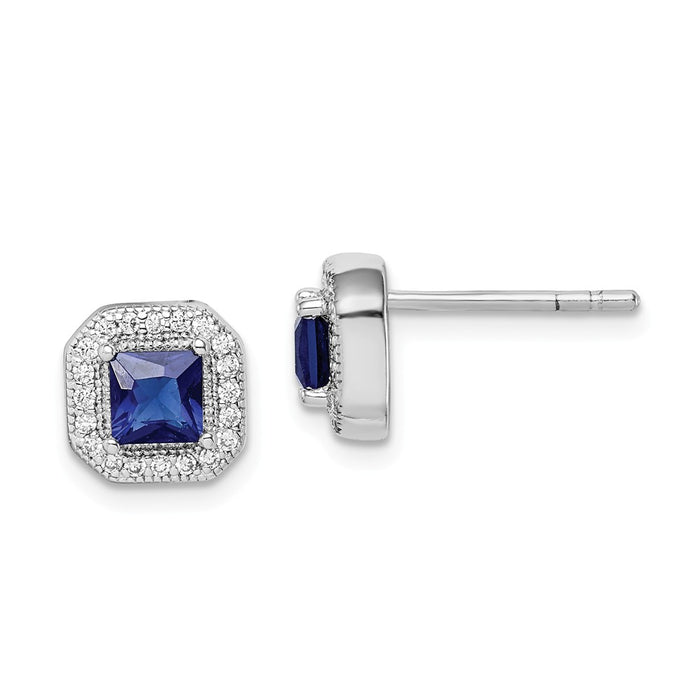 925 Sterling Silver Rhodium-Plated Blue & Clear Cubic Zirconia ( CZ ) Post Earrings, 8.17mm x 8.17mm
