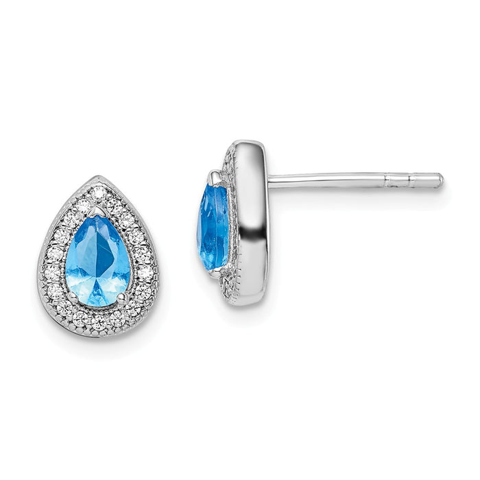 925 Sterling Silver Rhodium-Plated Blue & Clear Cubic Zirconia ( CZ ) Post Earrings, 10.25mm x 7.8mm