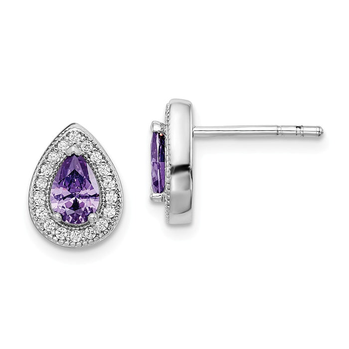 925 Sterling Silver Rhodium-Plated Purple & Clear Cubic Zirconia ( CZ ) Earrings, 10.25mm x 7.8mm