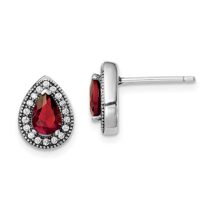 925 Sterling Silver Rhodium-Plated Red & Clear Cubic Zirconia ( CZ ) Post Earrings, 10.25mm x 7.8mm