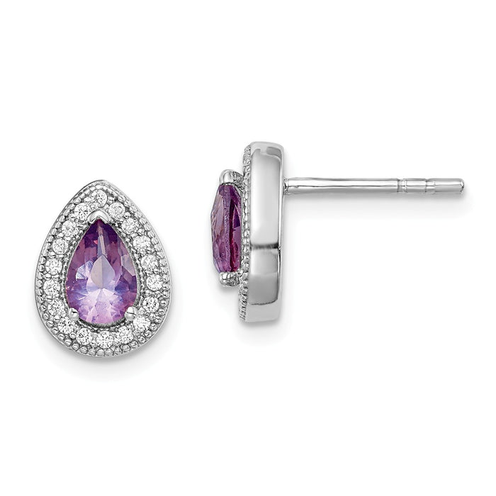 925 Sterling Silver Rhodium-Plated Purple & Clear Cubic Zirconia ( CZ ) Post Earrings, 10.25mm x 7.8mm