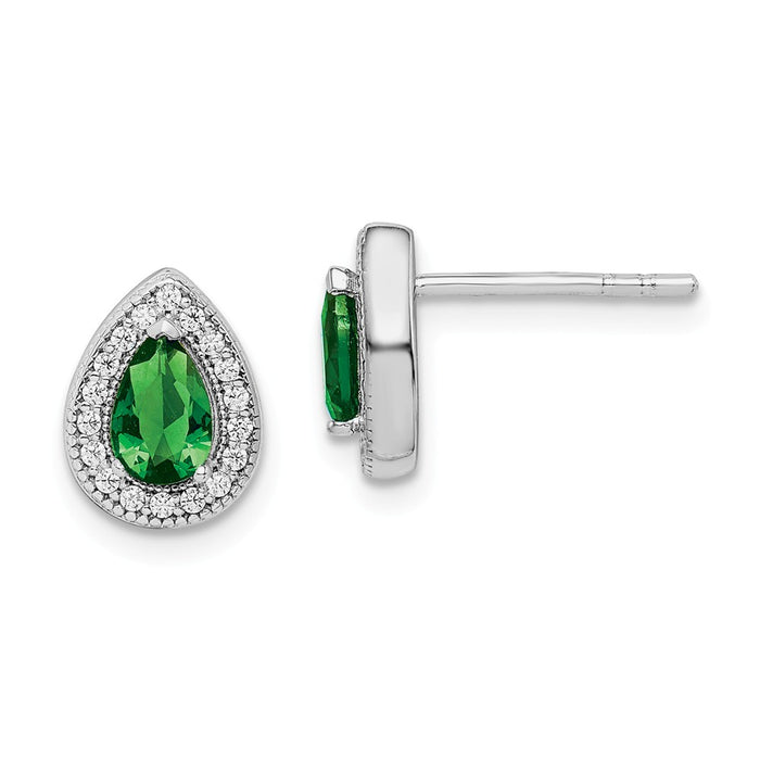 925 Sterling Silver Rhodium-Plated Green & Clear Cubic Zirconia ( CZ ) Post Earrings, 10.25mm x 7.8mm