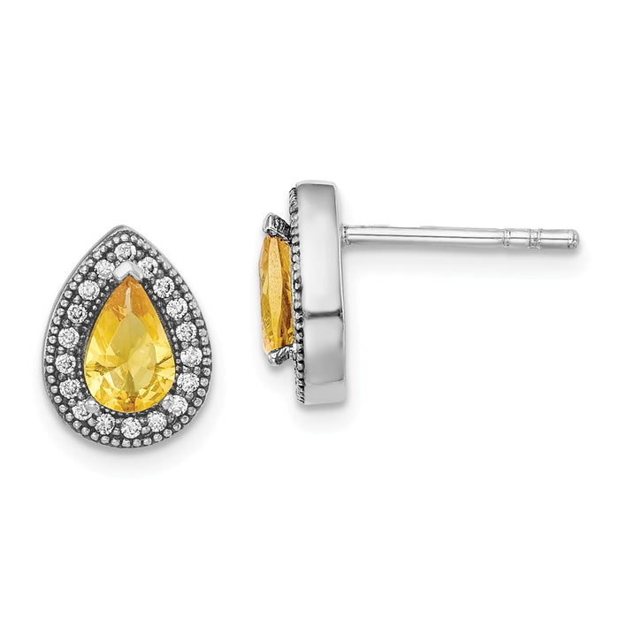 925 Sterling Silver Rhodium-Plated Yellow & Clear Cubic Zirconia ( CZ ) Post Earrings, 10.25mm x 7.8mm