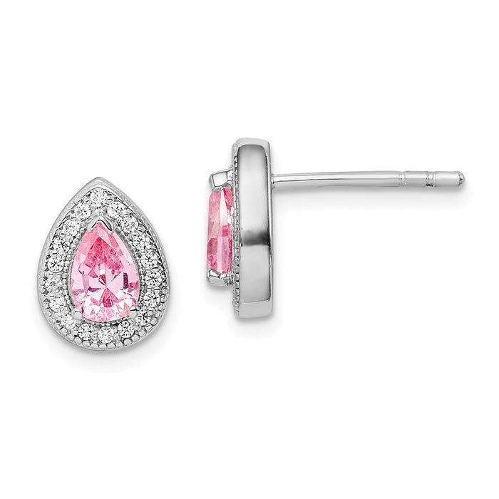 925 Sterling Silver Rhodium-Plated Pink & Clear Cubic Zirconia ( CZ ) Post Earrings, 10.25mm x 7.8mm