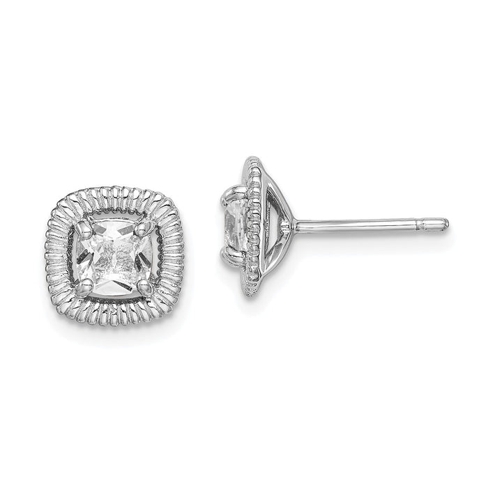 925 Sterling Silver Rhodium-Plated  White Topaz Square Post Earrings, 9.15mm x 9.1mm