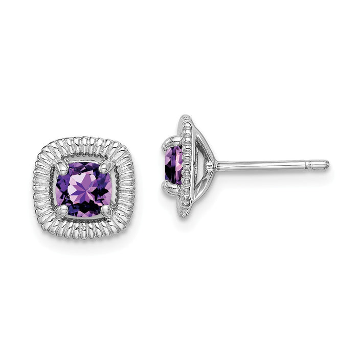 925 Sterling Silver Rhodium-Plated  Amethyst Square Post Earrings, 9.15mm x 9.1mm