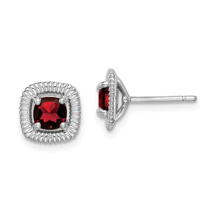 925 Sterling Silver Rhodium-Plated  Garnet Square Post Earrings, 9.15mm x 9.1mm
