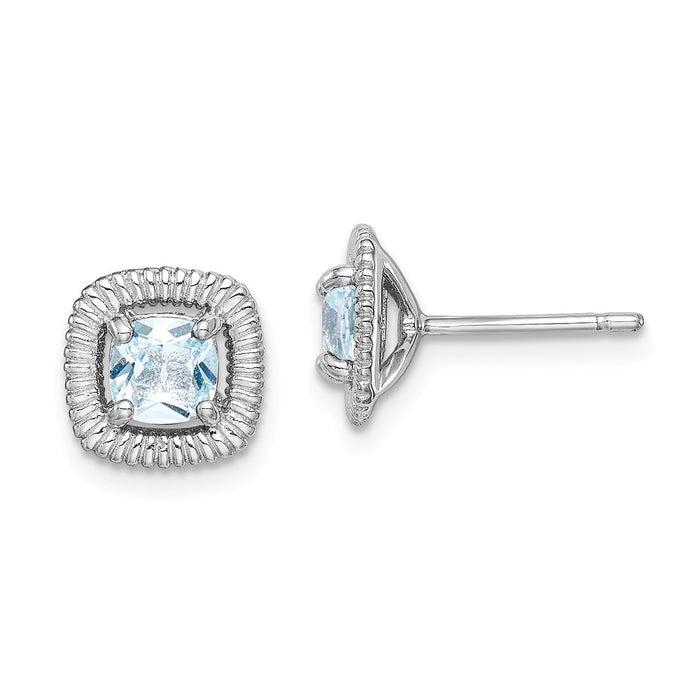 925 Sterling Silver Rhodium-Plated  Aquamarine Square Post Earrings, 9.15mm x 9.1mm