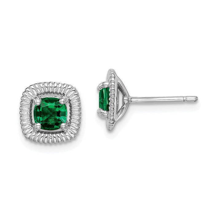 925 Sterling Silver Rhodium-Plated  Created Emerald Square Post Earrings, 9.15mm x 9.1mm