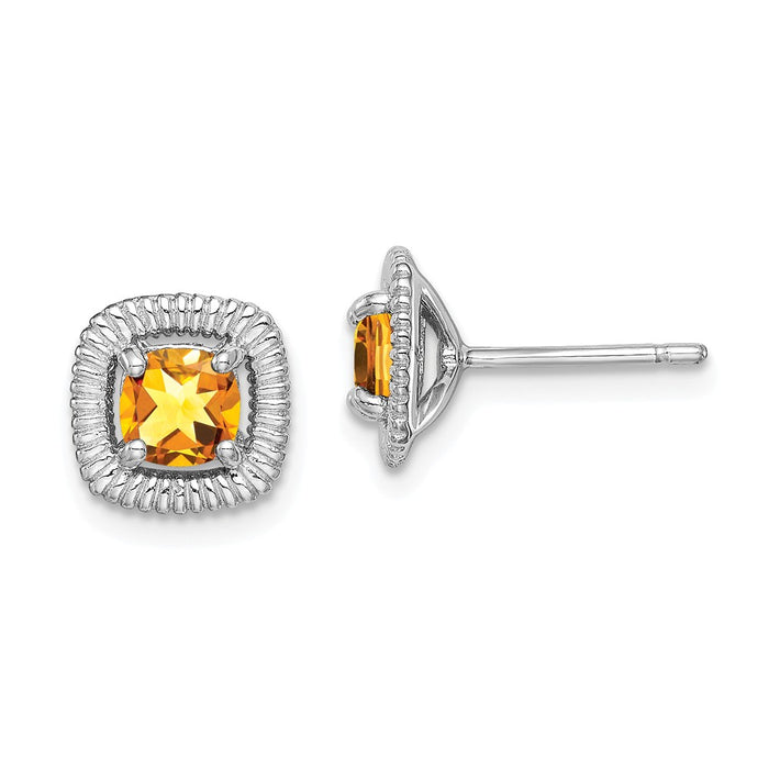 925 Sterling Silver Rhodium-Plated  Citrine Square Post Earrings, 9.15mm x 9.1mm