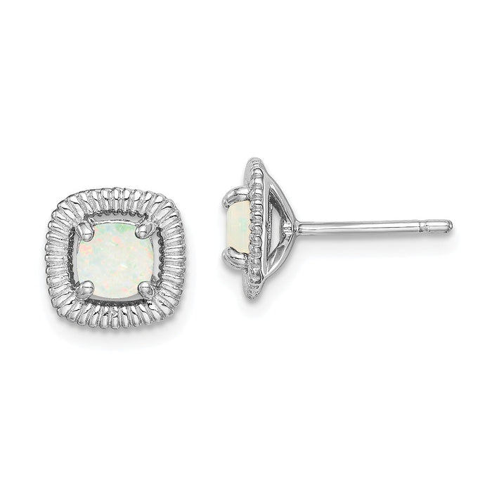 925 Sterling Silver Rhodium-Plated  Milky Opal Square Post Earrings, 9.15mm x 9.1mm