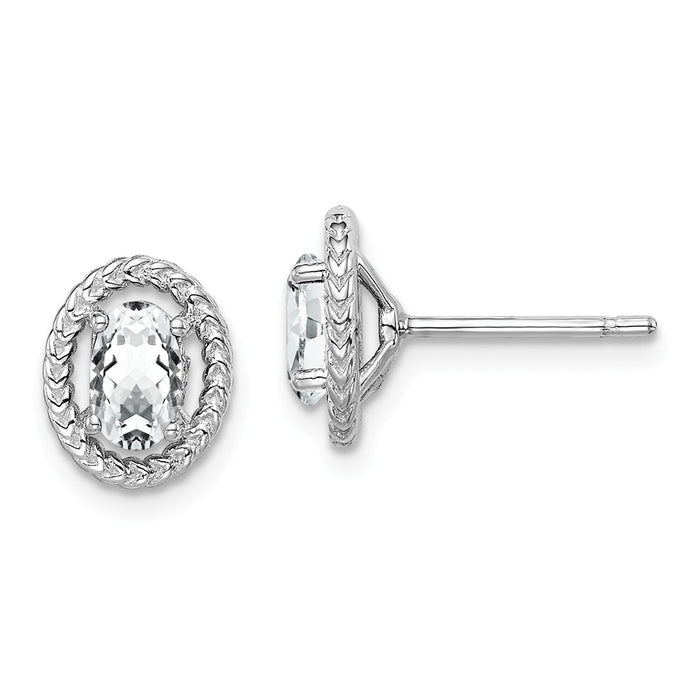 925 Sterling Silver Rhodium-Plated  White Topaz Oval Post Earrings, 9.6mm x 7.85mm