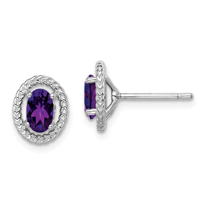 925 Sterling Silver Rhodium-Plated  Amethyst Oval Post Earrings, 9.6mm x 7.85mm