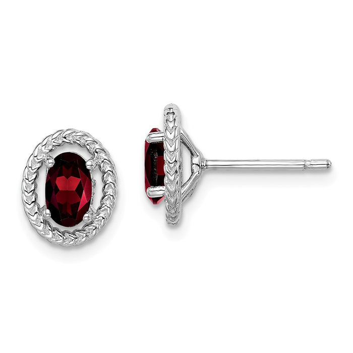 925 Sterling Silver Rhodium-Plated  Garnet Oval Post Earrings, 9.6mm x 7.85mm