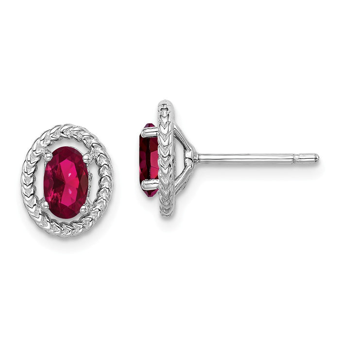 925 Sterling Silver Rhodium-Plated  Created Ruby Oval Post Earrings, 9.6mm x 7.85mm