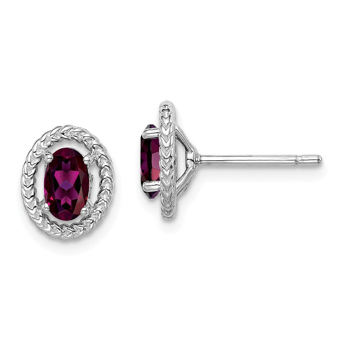 925 Sterling Silver Rhodium-Plated  Rhodolite Garnet Oval Post Earrings, 9.6mm x 7.85mm