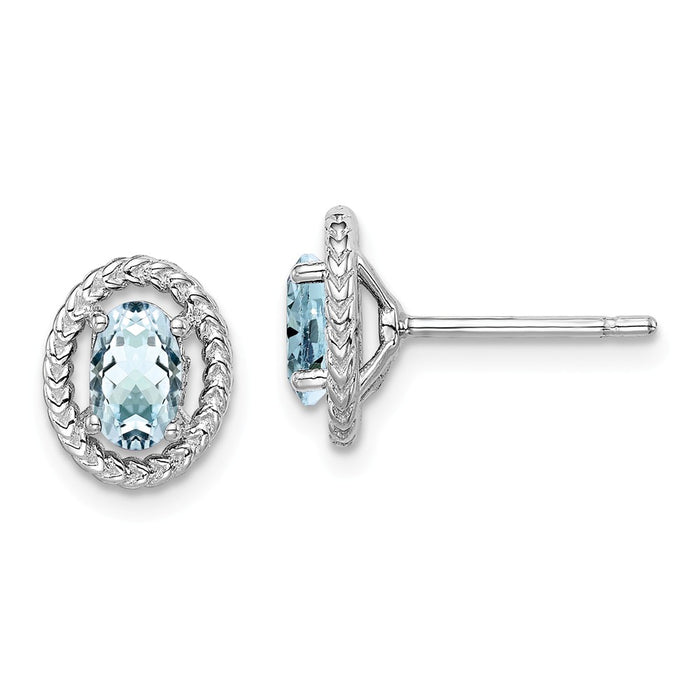 925 Sterling Silver Rhodium-Plated  Aquamarine Oval Post Earrings, 9.6mm x 7.85mm