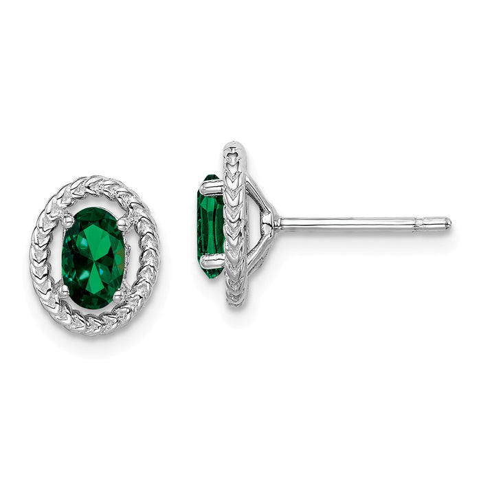 925 Sterling Silver Rhodium-Plated  Created Emerald Oval Post Earrings, 9.6mm x 7.85mm