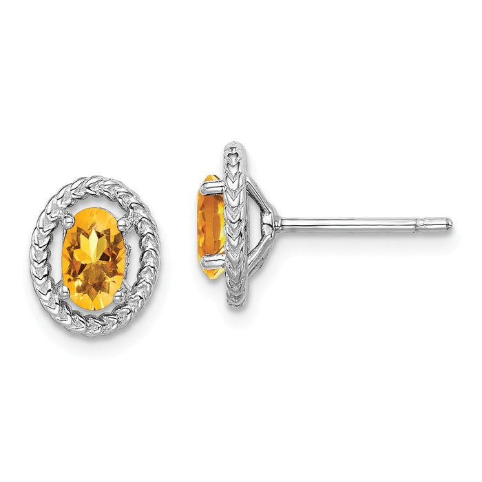 925 Sterling Silver Rhodium-Plated  Citrine Oval Post Earrings, 9.6mm x 7.85mm