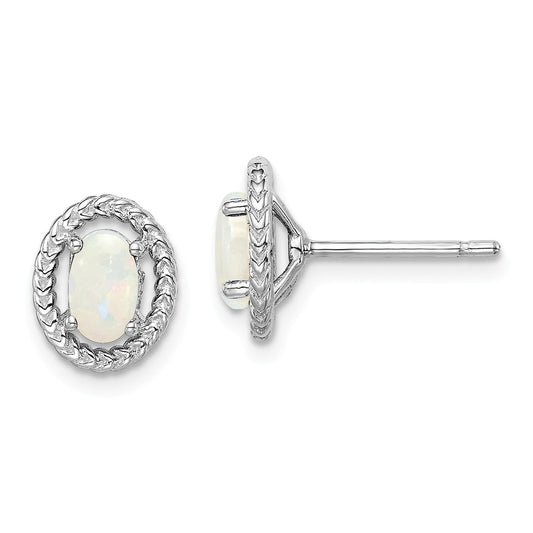 925 Sterling Silver Rhodium-Plated  Milky Opal Oval Post Earrings, 9.6mm x 7.85mm
