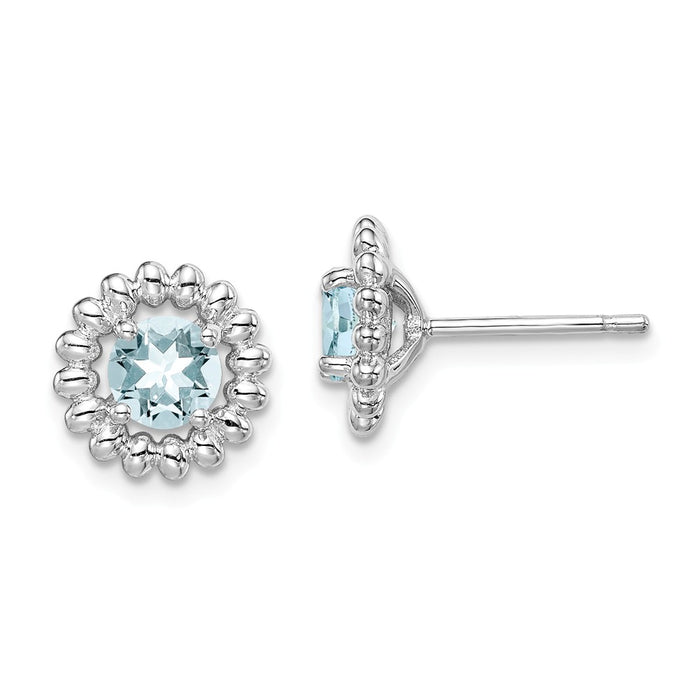 925 Sterling Silver Rhodium-Plated  Aquamarine Earrings, 10mm x 10mm