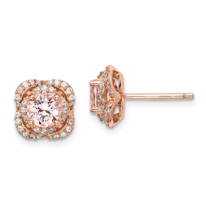 925 Sterling Silver Rose Gold-plated Pink Crystal Center and Cubic Zirconia ( CZ ) Stud Earring, 9.1mm x 9.1mm