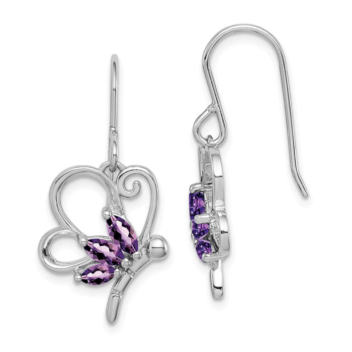 925 Sterling Silver Polished Amethyst Dragonfly Earrings,